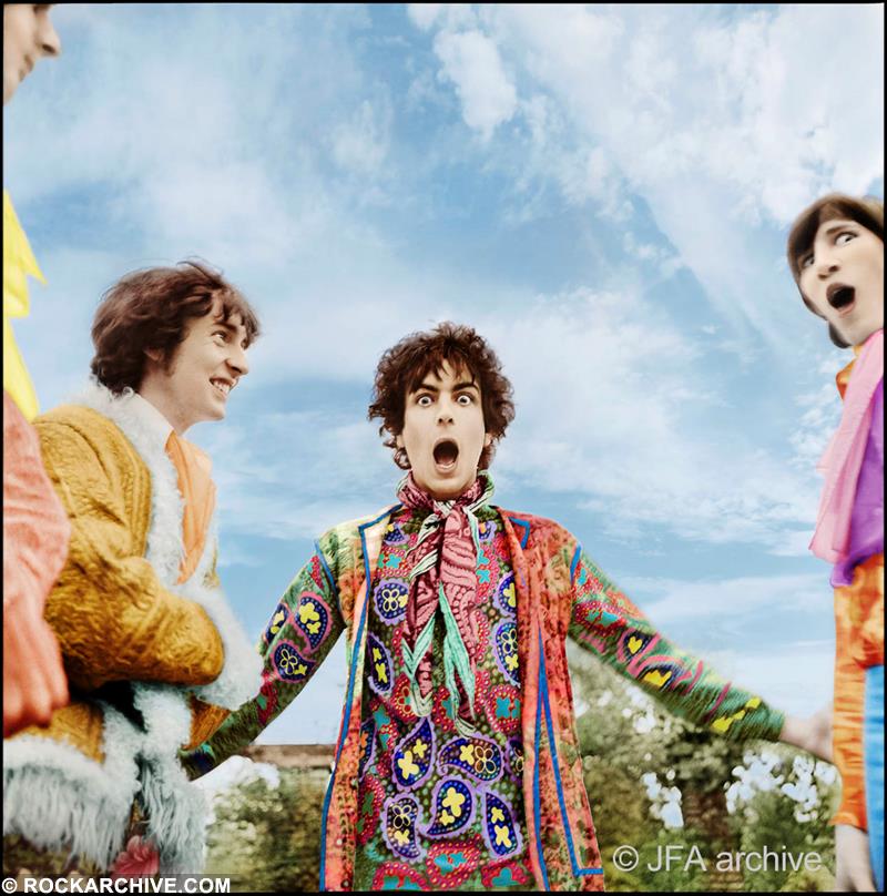 A Rockarchive limited edition colour print of Pink Floyd including Syd Barrett messing about in a London park in 1967.