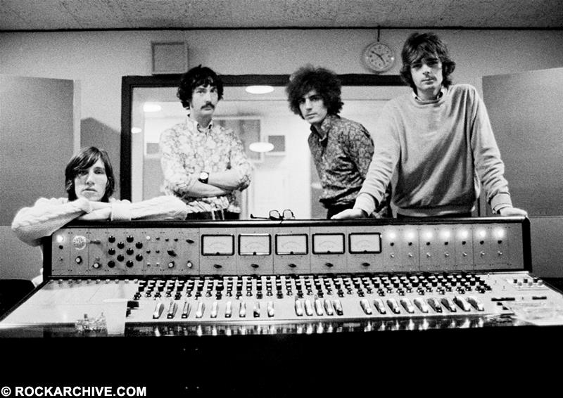 A Rockarchive limited edition print of Pink Floyd at the mixing desk whilst recording their album 'The Piper at the Gates of Dawn' in Abbey Road Studios.