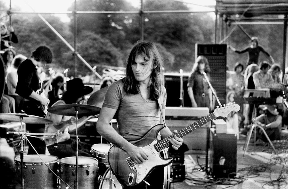 A Rockarchive limited edition print of David Gilmour playing the guitar onstage with Pink Floyd in Hyde Park in 1970.