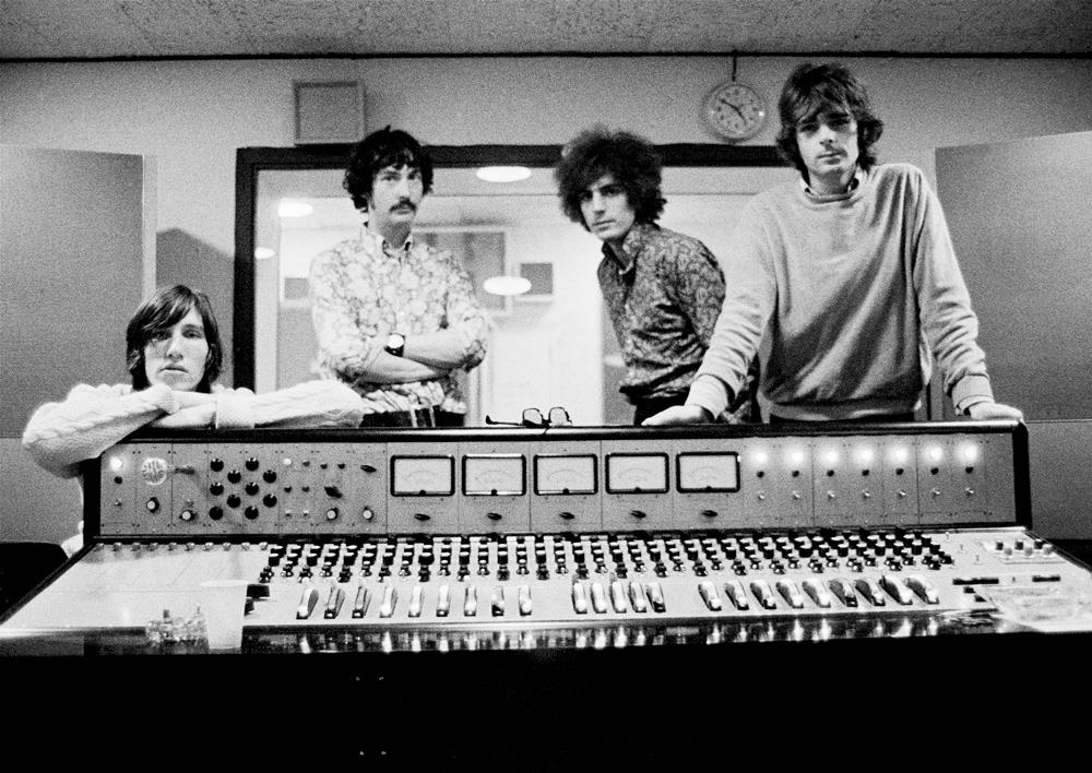 A Rockarchive limited edition print of Pink Floyd at the mixing desk whilst recording their album 'The Piper at the Gates of Dawn' in Abbey Road Studios.