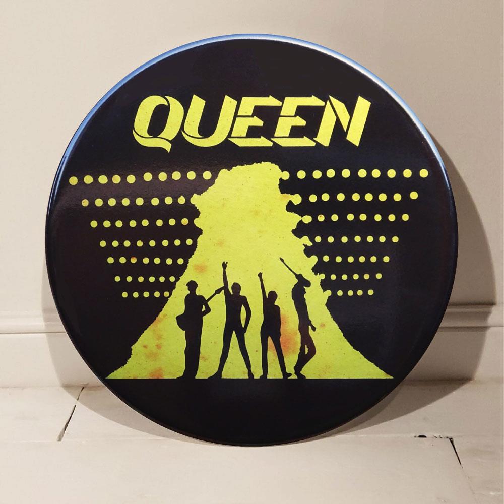 Queen giant vintage pin badge designed by artist Tony Dennis AKA Tape Deck Art