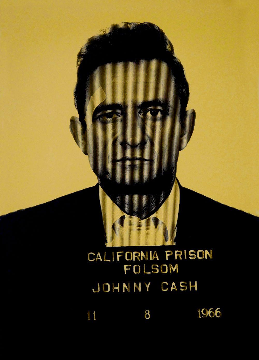 Yrellow screen print of Johnny Cash created by artist David Studwell