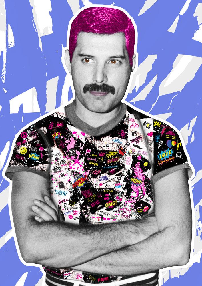Freddie Mercury graphic artwork created by The Postman in collaboration with photographer Dave Hogan
