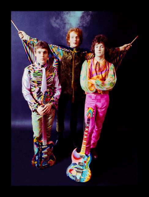 Cream wearing psychedelic costumes made by The Fool during a 1967 photography session.