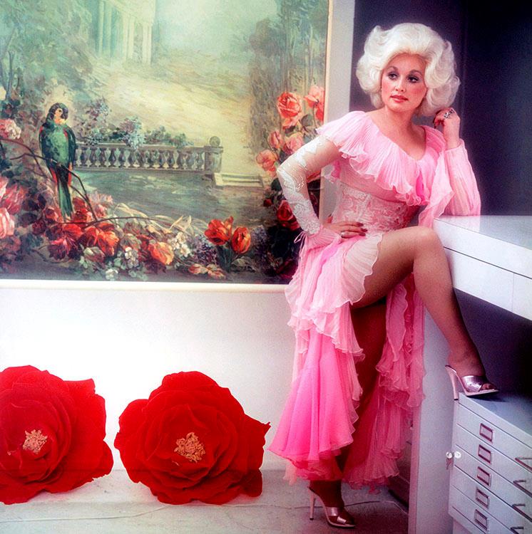 Dolly Parton wearing a pink dress and with a painting in the background