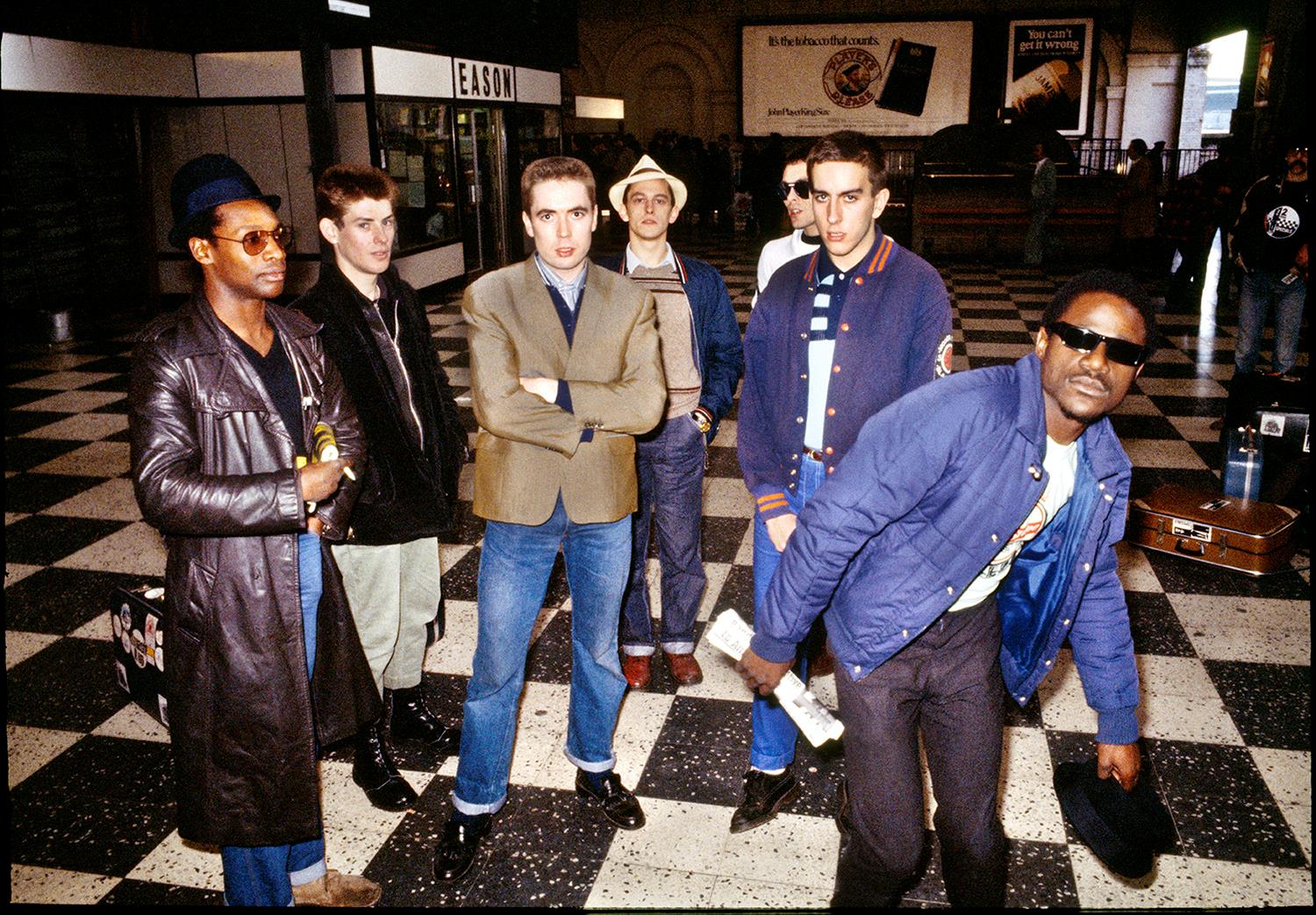 The Specials standing inside Connolly Station, Dublin in 1979
