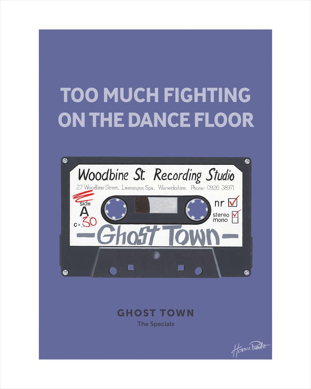 Cassette Artwork by Horace Panter including lyrics from Ghost Town by The Specials