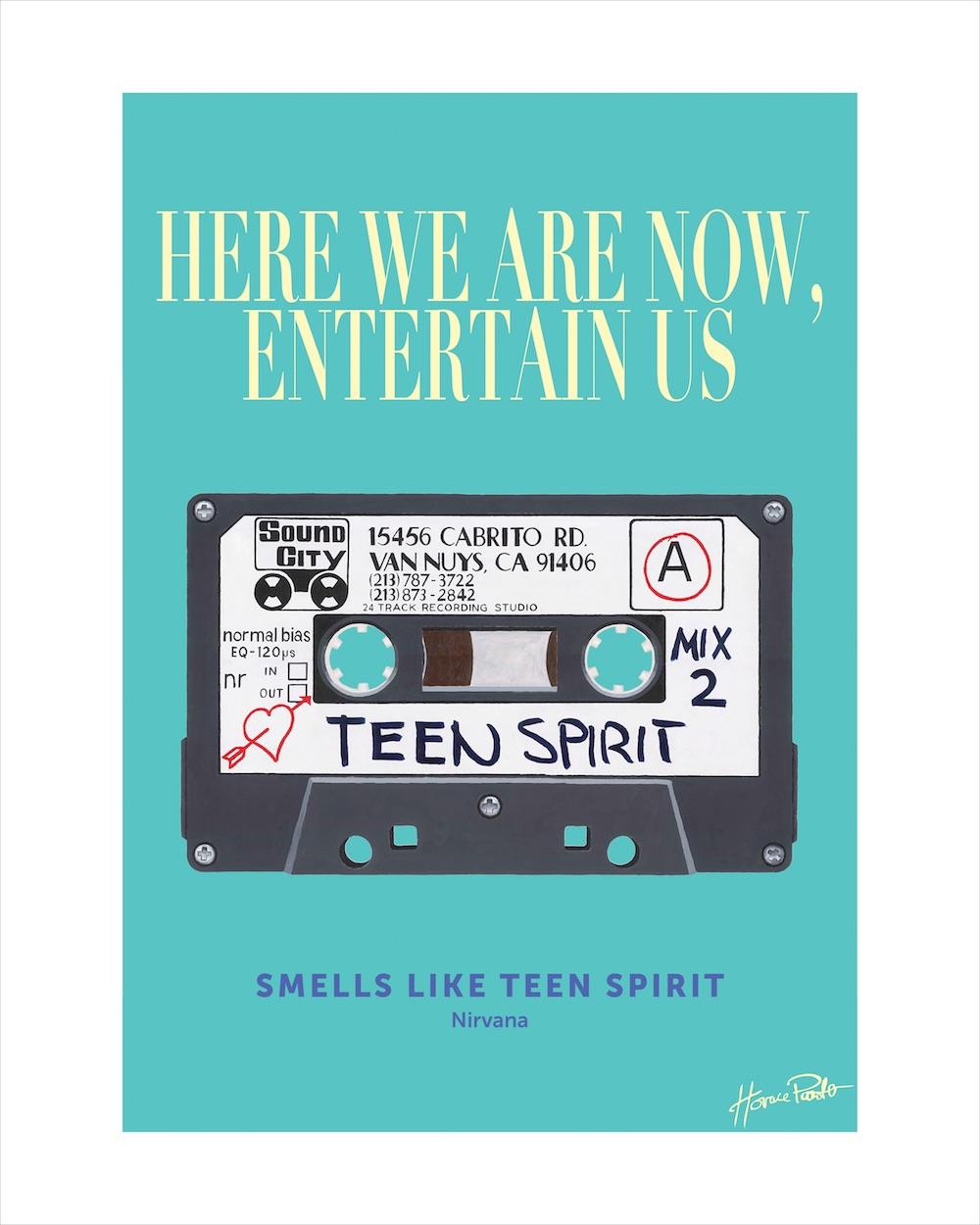 Cassette artwork by Horace Panter featuring lyrics from Smells by Teen Spirit by Nirvana