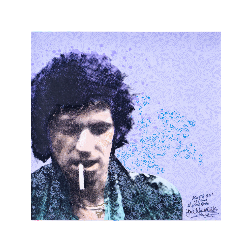 Limited edition art print of Keith Richards smoking a cigarette with a purple background.