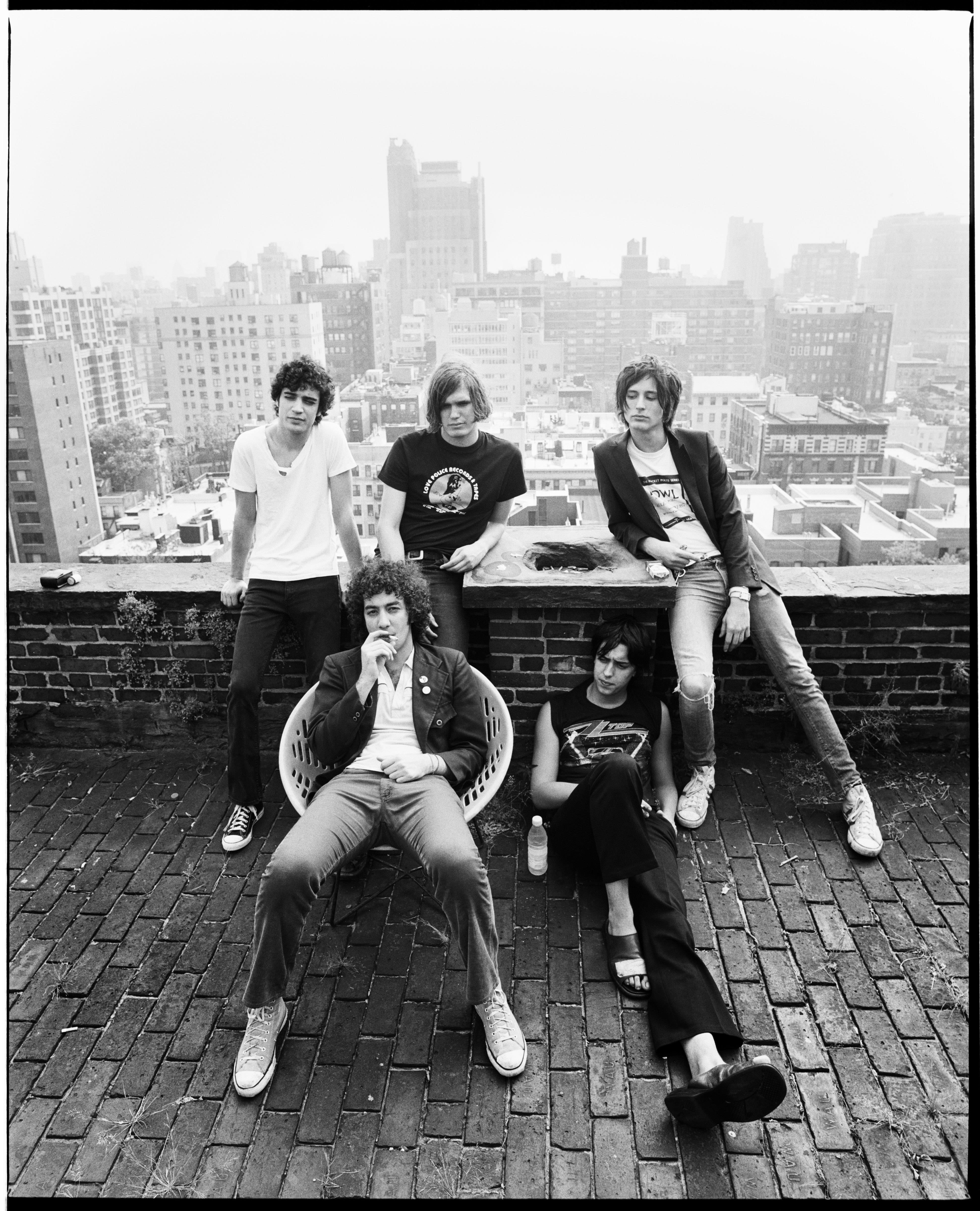 Limited edition print of The Strokes sat on a rooftop in 2003.