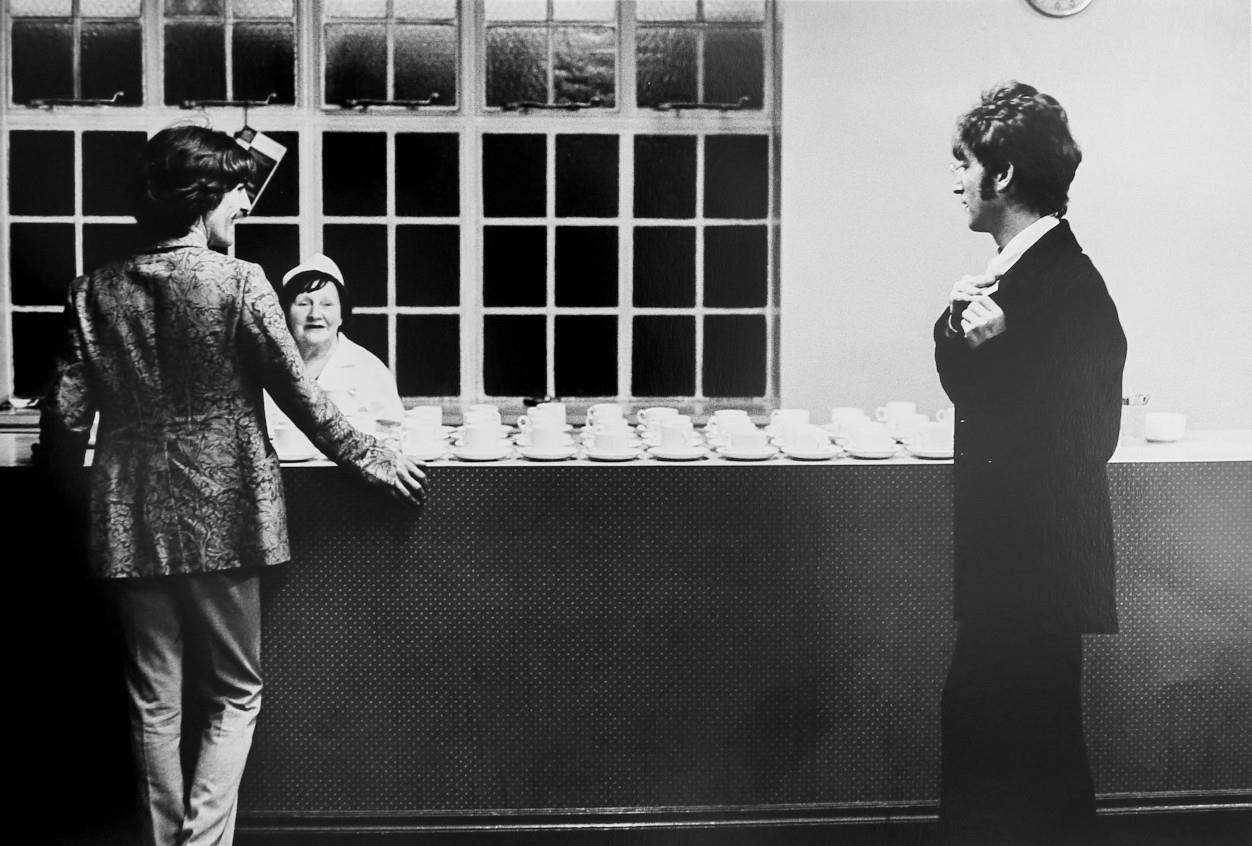 Limited edition print of John Lennon & George Harrison in a canteen in 1967.