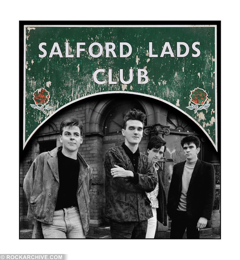 Colour collage print of The Smiths stood outside Salford Lads Club.