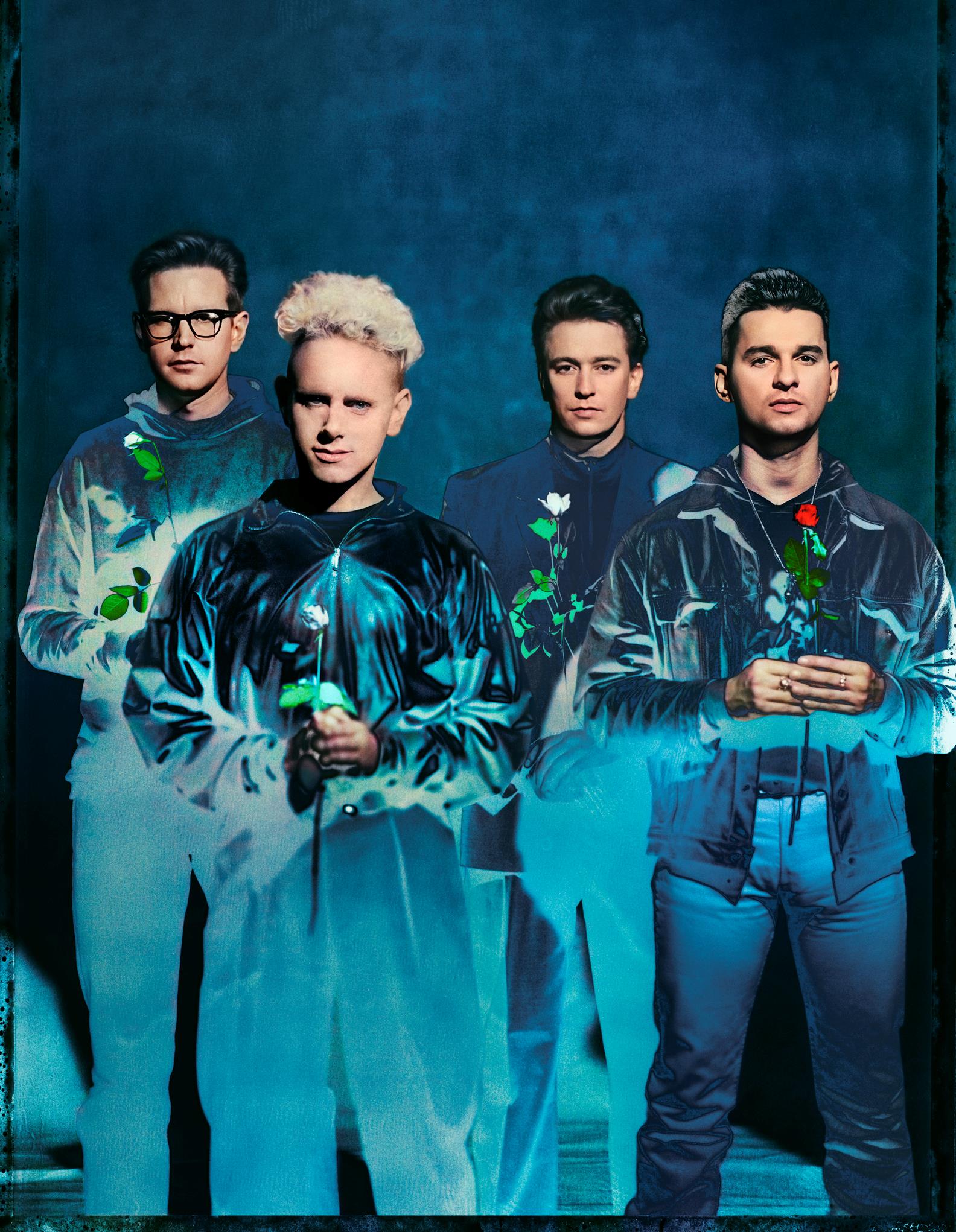 A limited edition colour print of Depeche Mode holding flowers shot in January 1990.