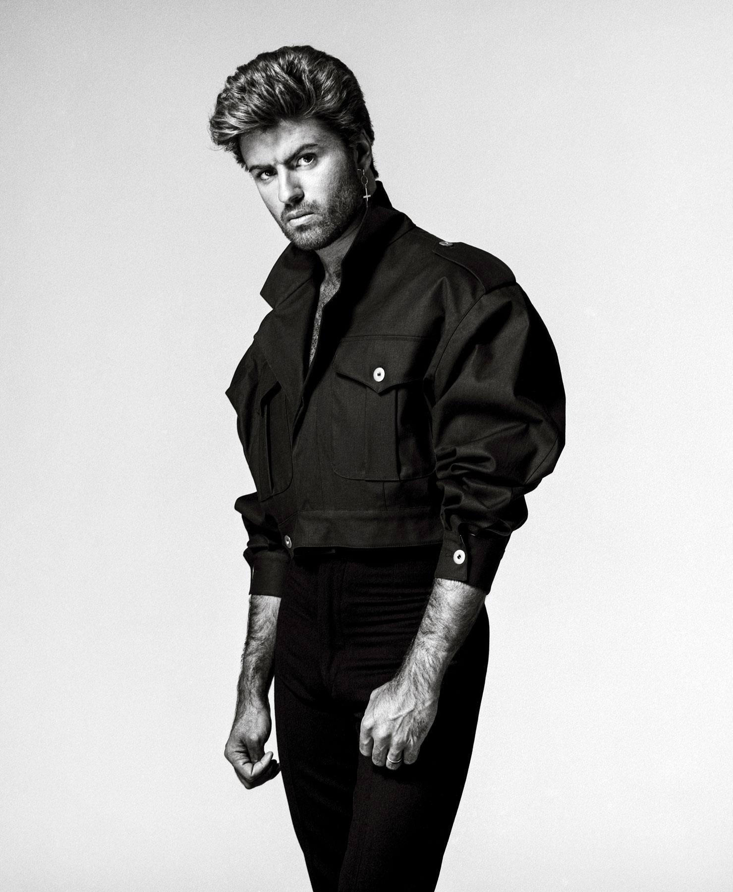 A limited edition print of George Michael wearing a black jacket photographed by Brian Aris in 1987.