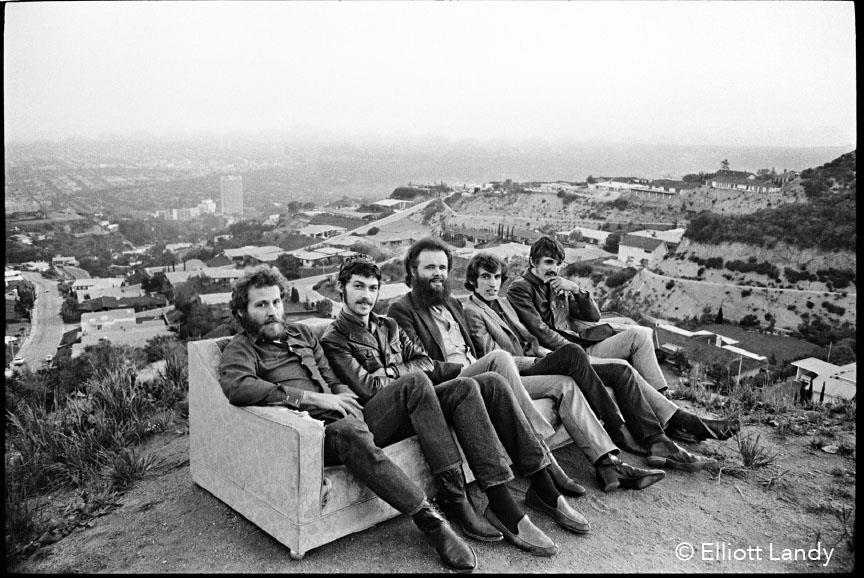 A limited edition print of The Band sat outside on a sofa overlooking the Hollywood Hills.