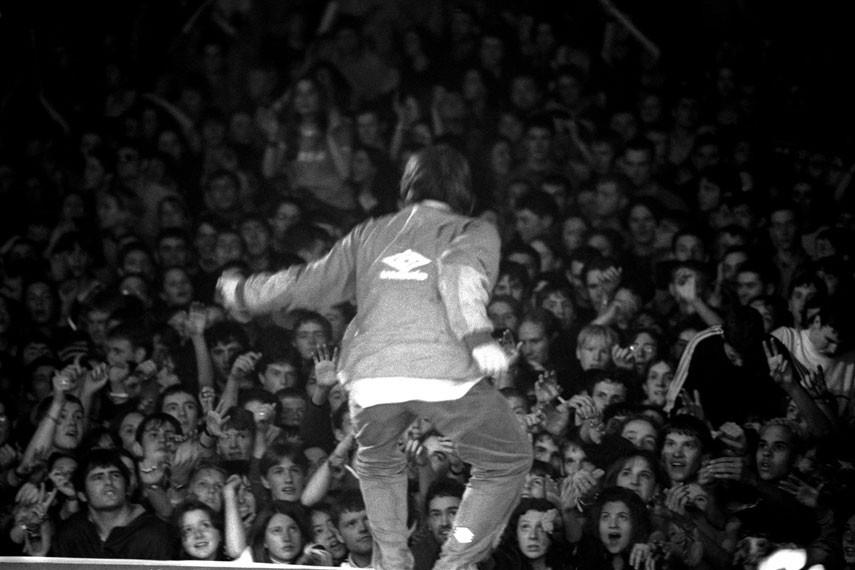 A Jill Furmanovsky limited edition print of Liam Gallagher onstage at Maine Road in April 1996.