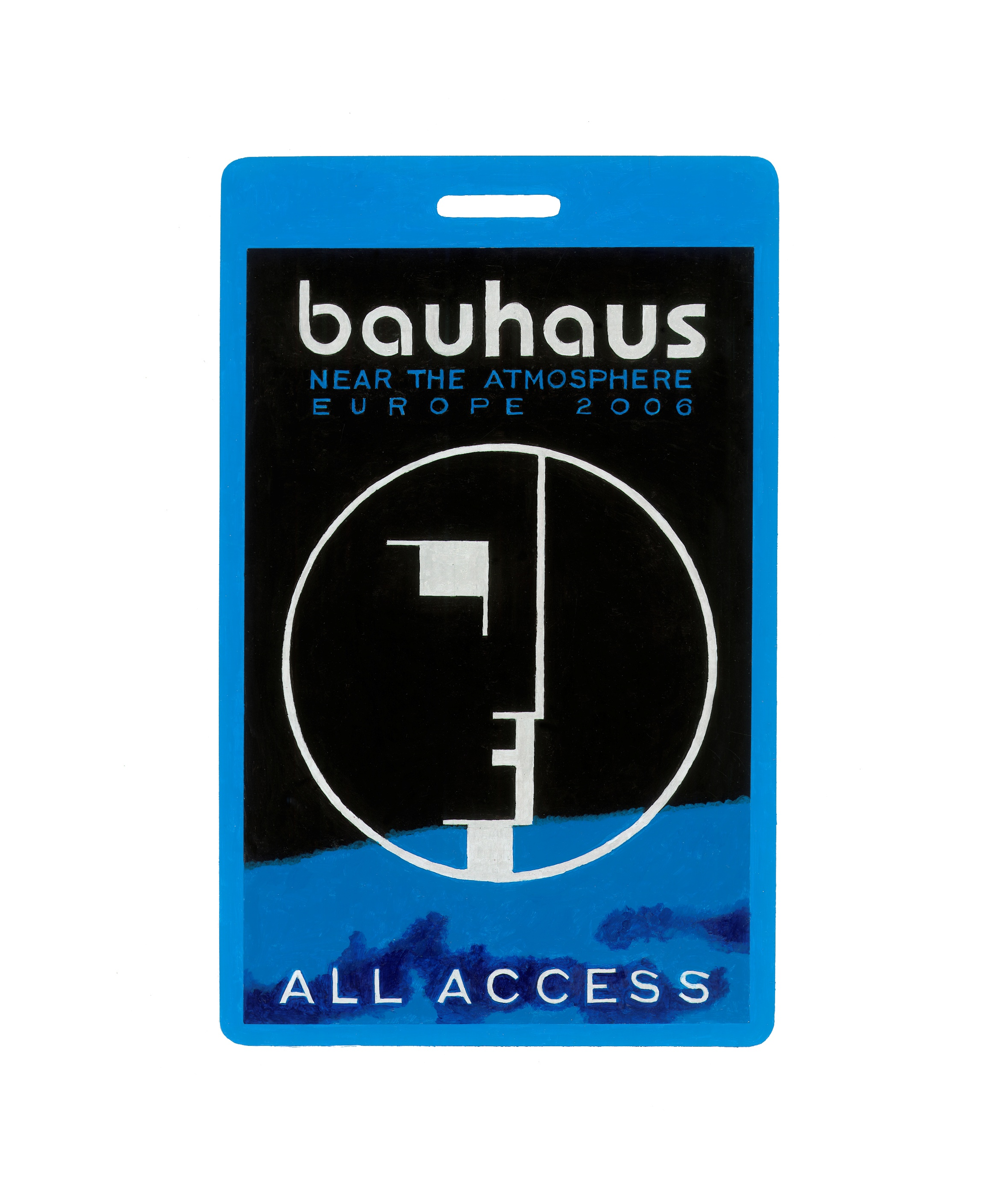 A limited edition print of a Horace Panter pop art painting of a Bauhaus AA tour pass featuring a face.