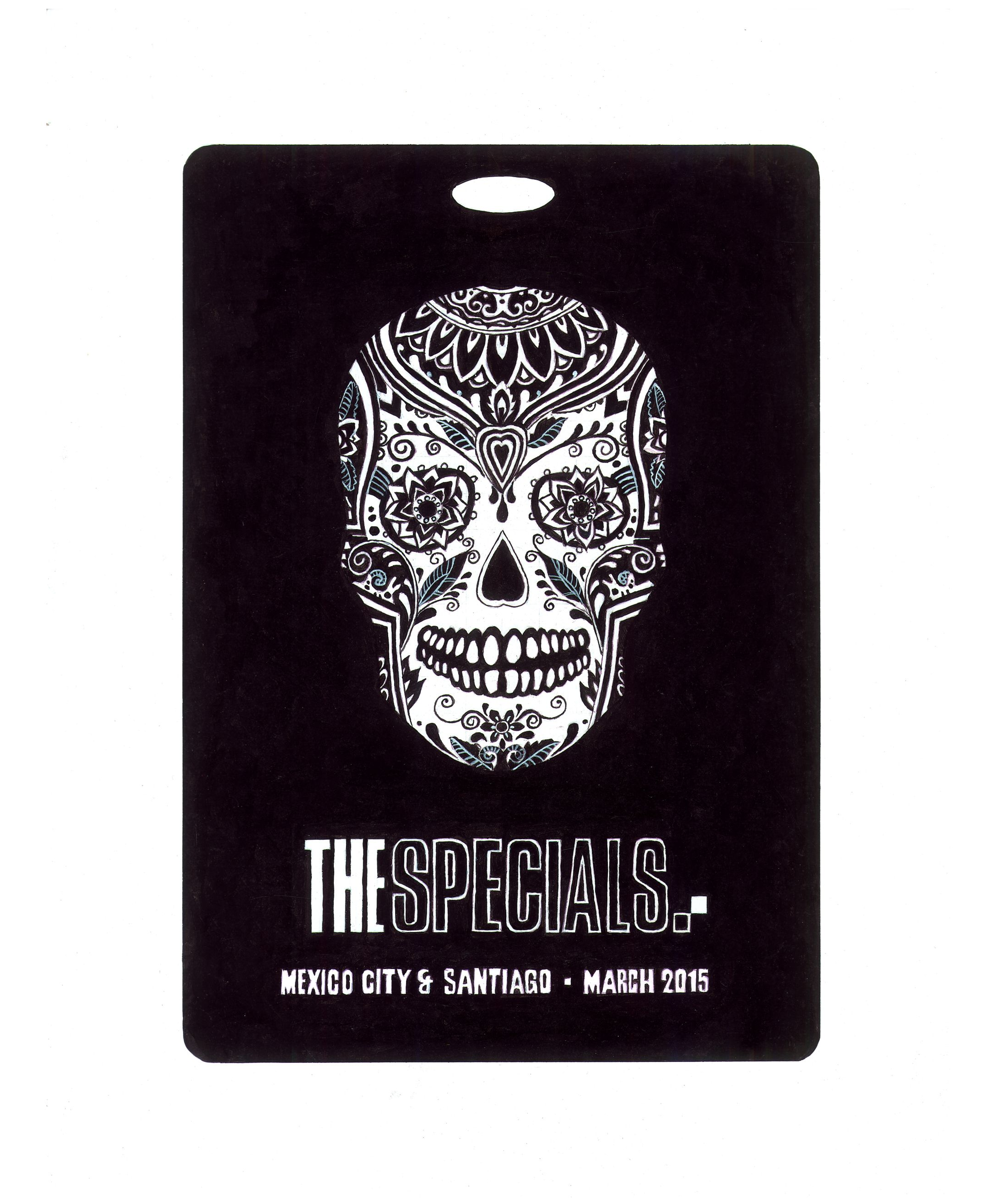 A limited edition print of a Horace Panter pop art painting of a Specials Mexican tour pass featuring a skull.
