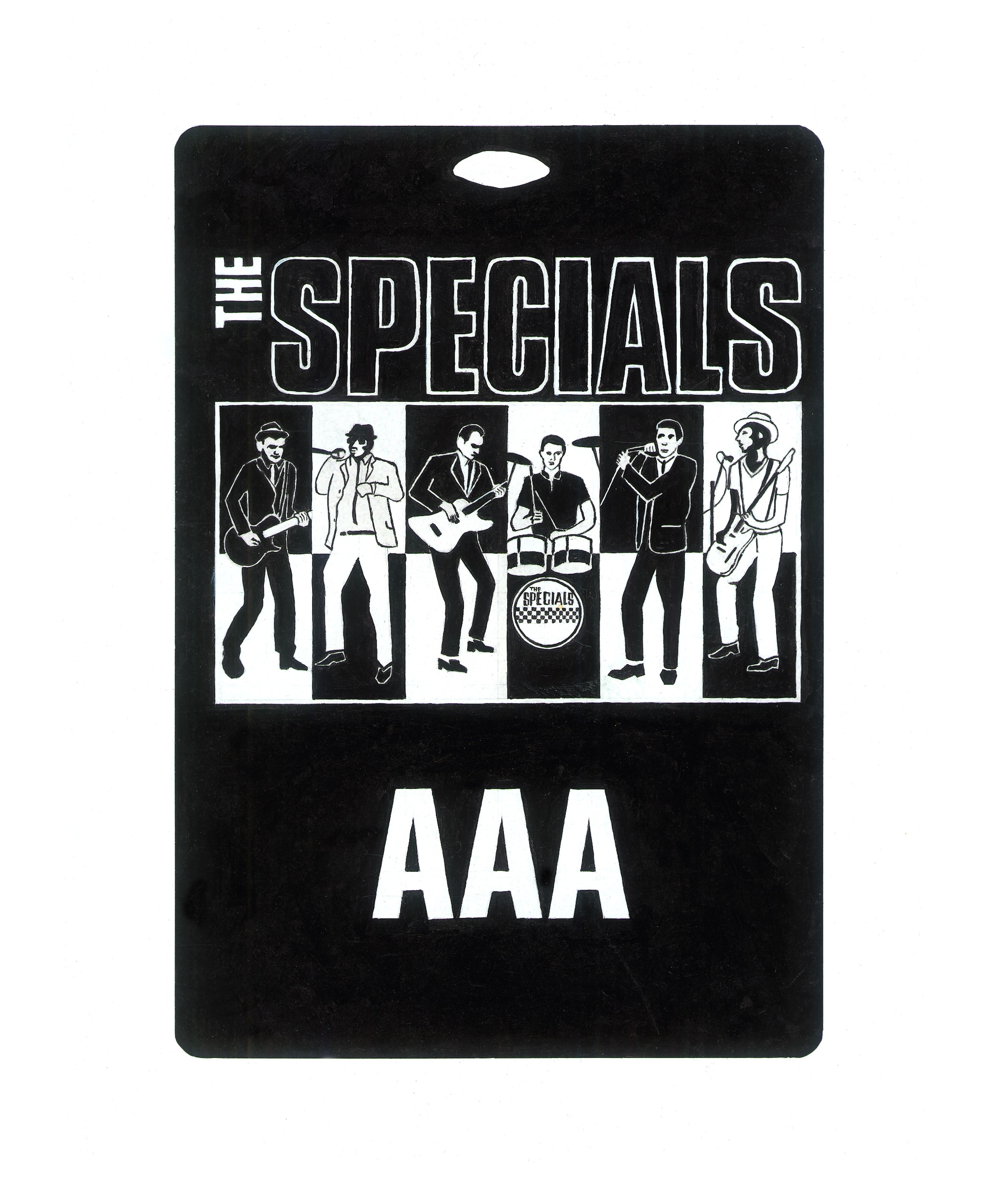 A limited edition of a Horace Panter painting of a Specials AAA tour pass featuring line drawings of the band.