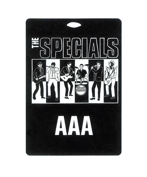 A limited edition of a Horace Panter painting of a Specials AAA tour pass featuring line drawings of the band.
