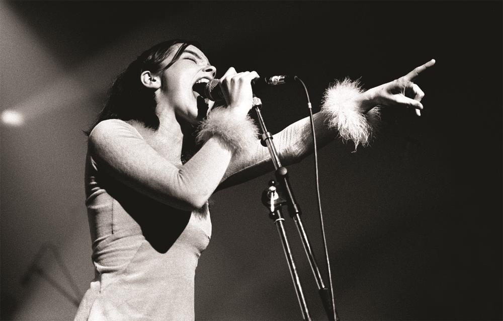 A limited edition print of Bjork on stage singing and pointing into the crowd.