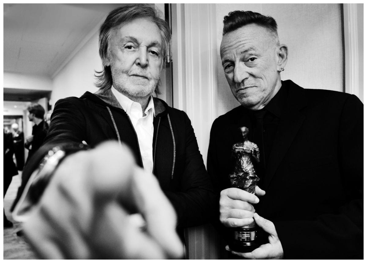 A limited edition print of Paul McCartney & Bruce Springsteen at the Ivor Novello Awards in 2024